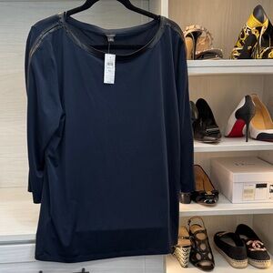 NWT Ann Taylor Elegant Navy with Leather Trim Women's Top (Size XL)